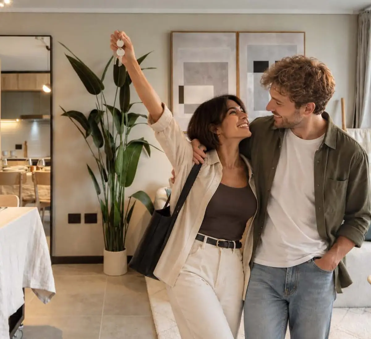 Pareja celebrando con las llaves de su nuevo departamento Norte Verde